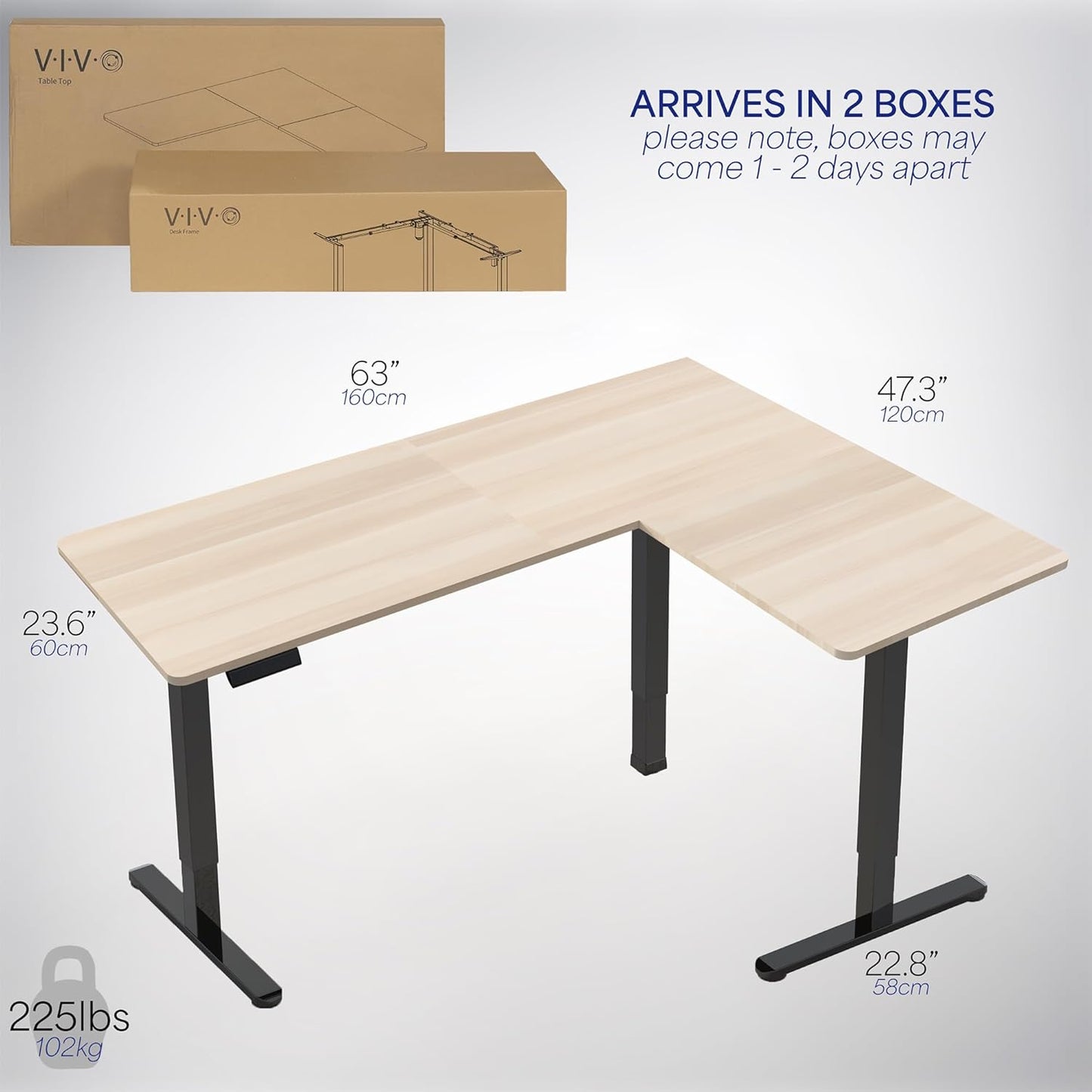 VIVO L-Shaped Corner Standing Desk - 63 x 47 Inch Electric Height Adjustable Workstation | Light Wood & Black Frame