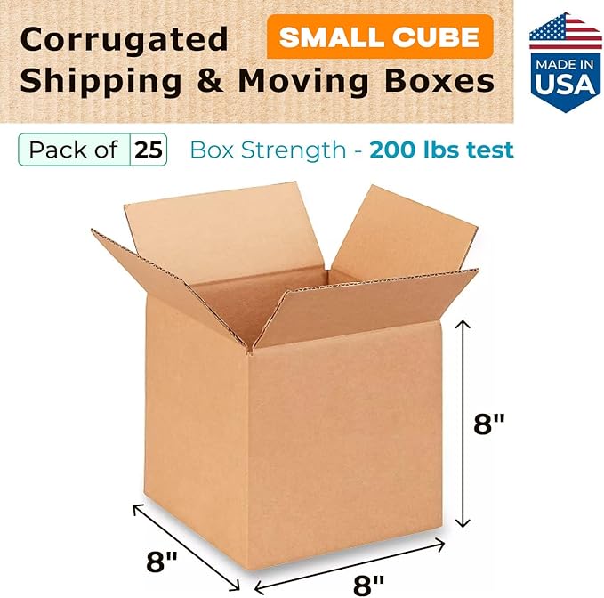 Small Cube Moving & Shipping Boxes 8"L x 8"W x 8"H (25-Pack) - Extra Strength 200 lb vs Regular - Corrugated Boxes for Packaging Moving Supplies - Moving Box - Small Box by IDL Packaging