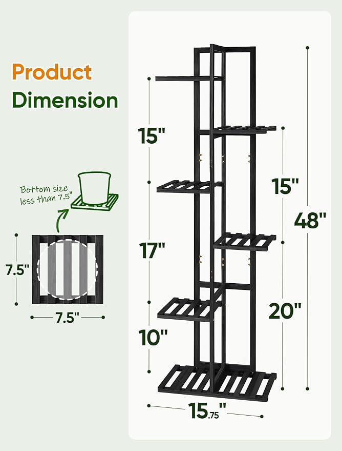 ROSSNY 48 Inch Tall Plant Stand Indoor, 6 Tier 7 Potted Bamboo Plant Stands for Indoor Plants, Corner Plant Stand, Tiered Plant Stands, Plant Shelf For Indoor, Planter Holder for Multiple Plants Indoor, Black