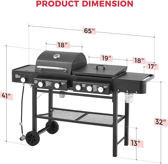 Lyromix 5 Burners Gas Grill and Griddle Combo with Side Burner, Propane Gas Grills with Heavy-duty Enamel Grate, Durable BBQ Outdoor Flat Top Grill for Backyard and Patios, 56000 BTU