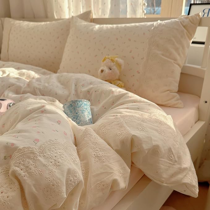 VM VOUGEMARKET Girl's Pink Flower Comforter Set Twin,Romantic Lace Bedding Comforter Soft Lightiweght Washed Microfiber Quilt Comforter Set for College Dorm