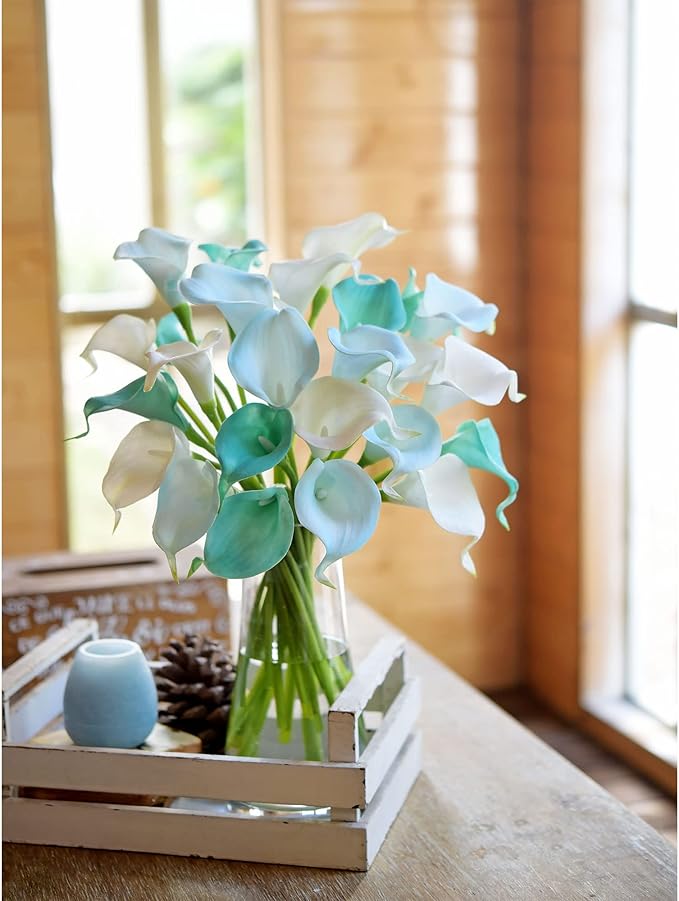 FiveSeasonStuff Real Touch Calla Lily Artificial Flowers Wedding Bridal Bouquet | Floral Arrangements | 15 Calla Lilies (Marine Blue)
