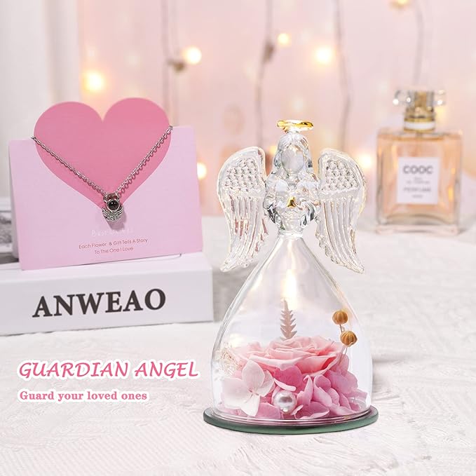 ANWEAO Christmas Flowers Gifts for Women,Mom, Preserved Real Rose with Angel Necklace,Romantic Gift for Her,Mom Birthday Gifts,Eternal Flowers Angel Gifts for Women Grandma Wife Girlfriend