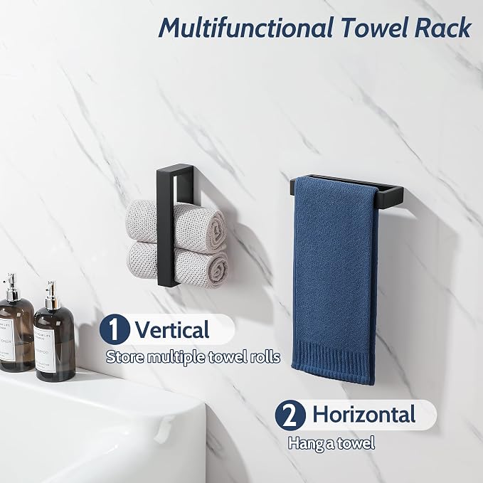 Sayayo Matte Black Towel Bar for Bathroom, 8 Inch Hand Towel Holder Wall Mount Square Towel Ring SUS304 Stainless Steel Towel Rack