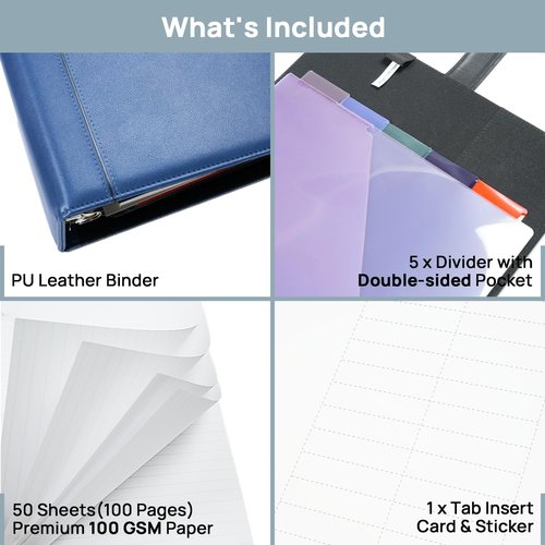 POPRUN PU Leather 2-Inch 3-Ring Binder | Professional Business Organizer with Dividers & Filler Papers - Blue