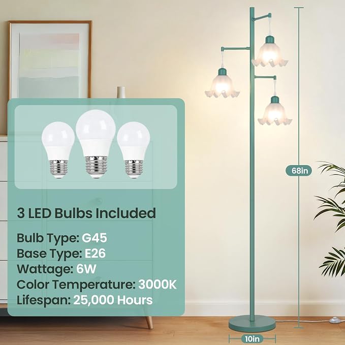 TOBUSA Green Flower Floor Lamp for Living Room, 3-Light Vintage Floor Lamp with 3 LED Bulbs, 68’’ Tall Standing Lamp with White Acrylic Shades, Modern Boho Unique Floral Floor Light for Bedroom Office