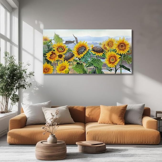 Ardemy Sunflower Wall Art Canvas Flower Yellow Picture Floral Landscape Painting for Living Room, Nature Large Framed Artwork Bedroom Bathroom Dining Room Home Office Wall Decor 40"x20"