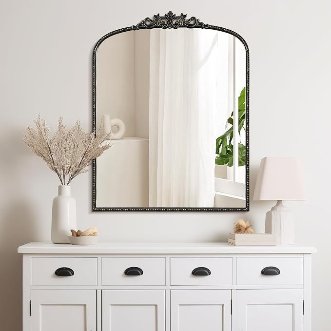 WallBeyond Black Vintage Mirror for Vanity 28x36 Inch, Black Antique Mirror with Ornate Frame, Arched Vintage Wall for Bathroom, Living Room, Fireplace, Entryway