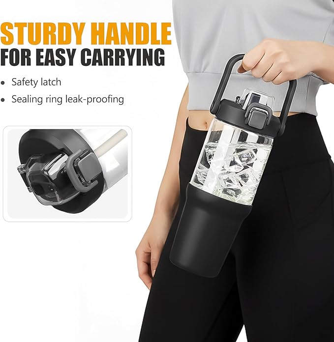 Glass Tumbler with Carry Handle, Clear Glass Water Bottle with Leakproof Lid, Spout Lid&Straw, BPA-Free, 32 oz, Black