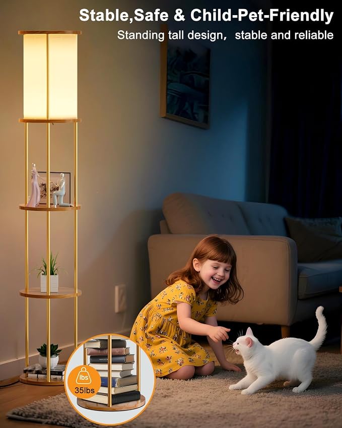 Lightdot 61" Floor Lamp with Shelves, Modern Gold Floor Lamp with Fabric Shade and 3- Tier Solid Wood Table Attached, Corner Bookshelf Lamps with 3000K Bulb Included for Sofa Beside/Corner Decor