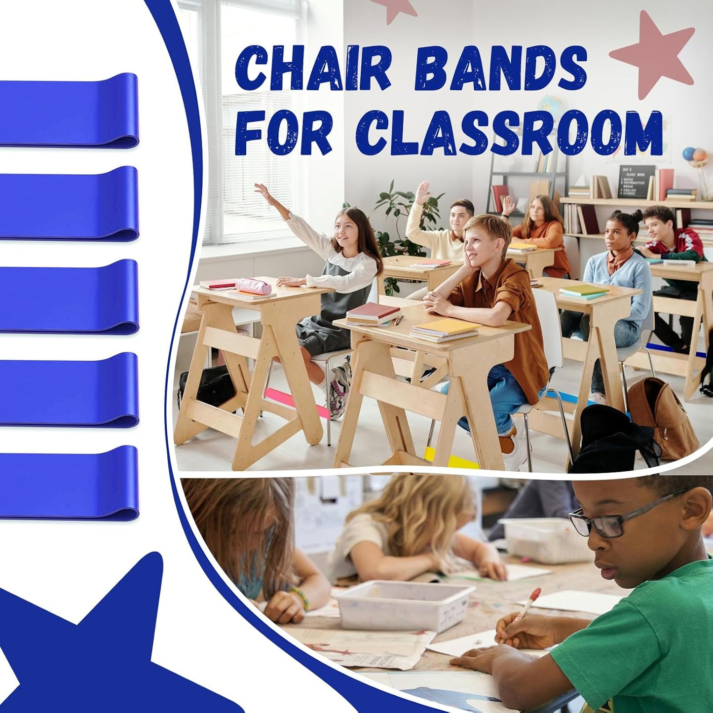 Skiennix Chair Bands for Kids - Enhance Focus & Reduce Restlessness | 25 Pack, Blue for Classroom & Home