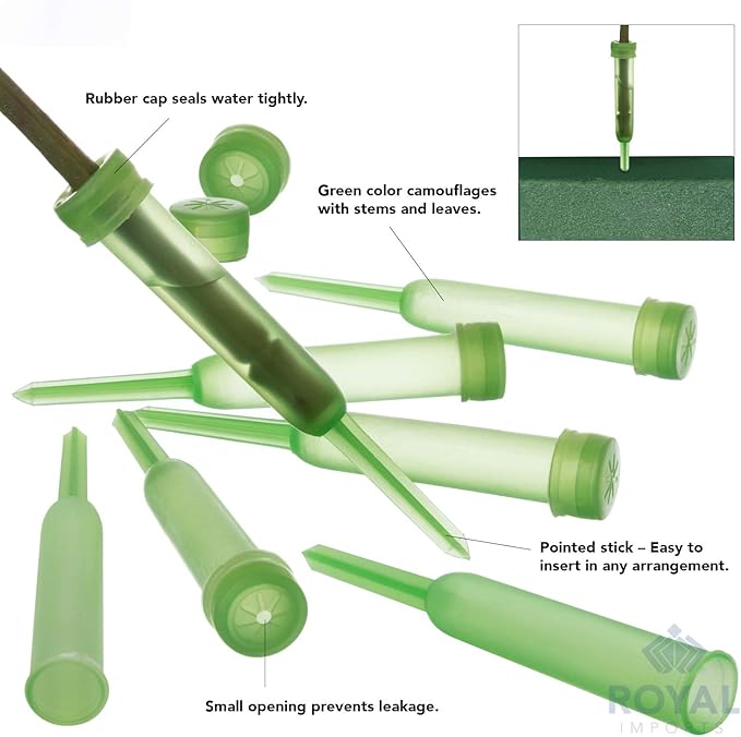 Royal Imports Floral Water Tubes with Caps – 4.5" Green Plastic Flower Vials for Single Stem Roses, Buds, Bouquets – Standard Style, 1/2" Opening – 100 Pack