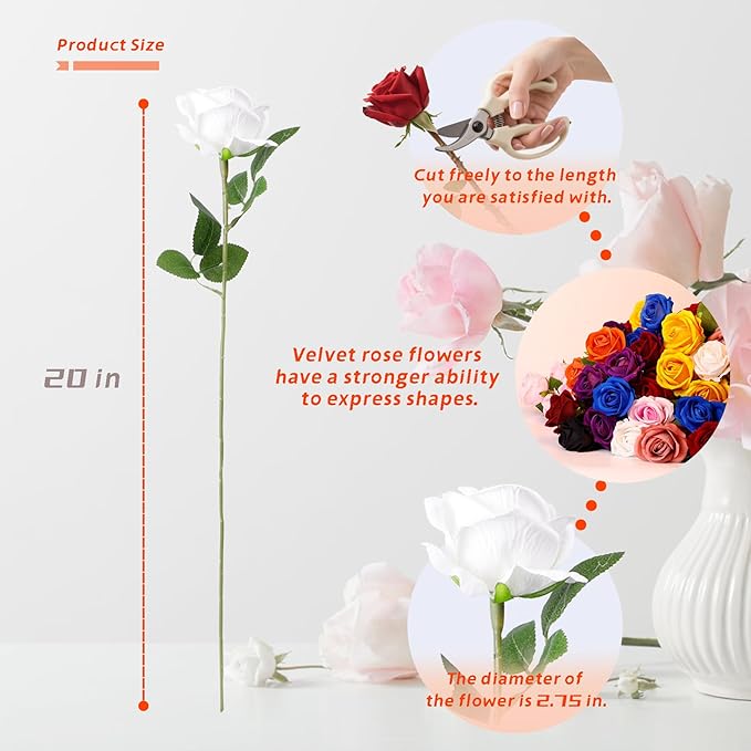 12 Pcs Artificial Rose Flowers, Silk Roses with Long Stems, Realistic Fake Roses for Wedding Centerpiece Party Home and Office DIY Decor, White