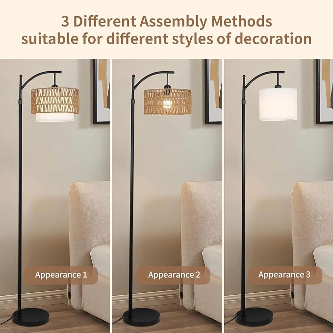 ZECOXOL Arc Floor Lamp for Living Room Boho Floor Lamps with Remote Control & with 3 Color Temperatures,Rattan Wicker Standing Lamp Dimmable Tall Floor Lamp for Bedroom Living Room Corner