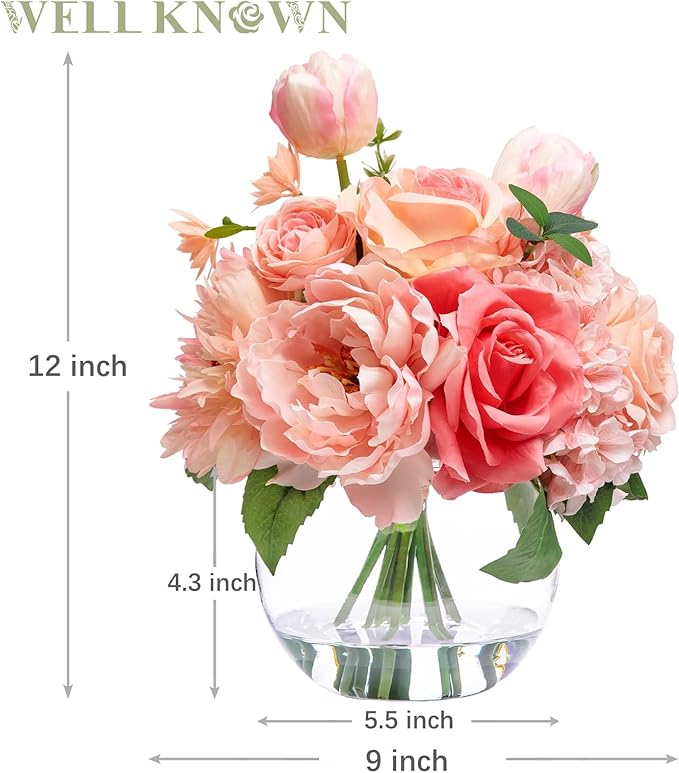 Artificial Flowers in Vase with Fake Water, Silk Tulips Peony Rose Flowers Bouquet with Glass Vase for Home Birthday Party Wedding Dinning Table Centerpieces Office Hotel Decor Gift (Peach Pink Mixed)
