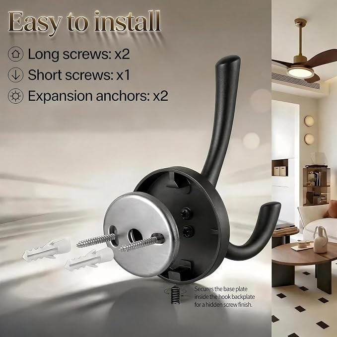 Towel Hooks-Coat Robe Hooks-Heavy Duty Metal Double Bathrobe Hook-Black Towel Hooks for Bathrooms-Kitchen Closet Garage（4Pcs Black）