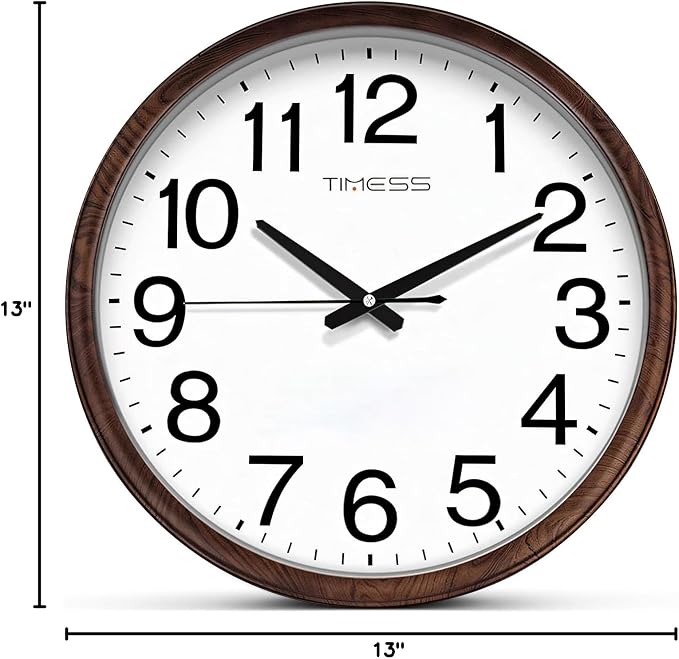 TIMESS Wall Clock, Classic Wood Style Finish, 13 Inch Non-Ticking Silent Battery Operated Analog Clock, Ideal Retro Decor for Home, Bedroom, Living Room, Kitchen, Bathroom, Office(Wood Brown)