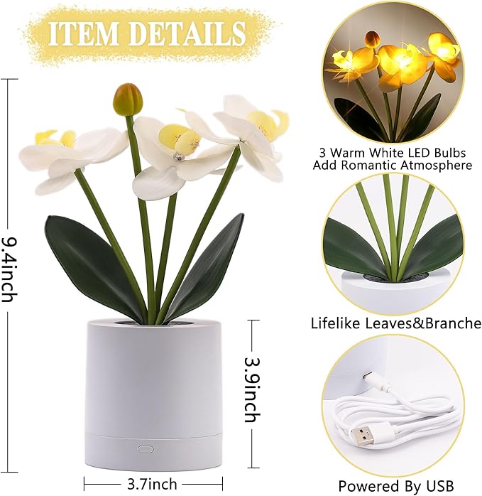 WSYEAR Flower Lamp Christmas Gifts for Her Women Wife Artificial Orchid Flower 3 Branches in White Pot, Realistic Fake Butterfly Orchid Bonsai for Living Room Decor