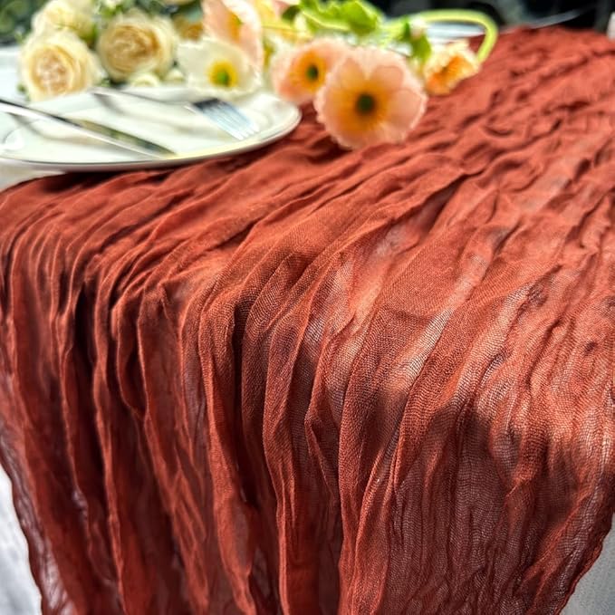 Booque Valley Fall Table Runner Terracotta Cheesecloth 10ft Soft Boho Wrinkled Decorative Gauze Sheer for Autumn Thanksgiving Holiday Party Centerpiece Decoration Table Decor, 35x120 Inch, 1 Pc