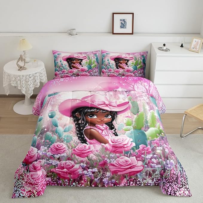 Pink Cowgirl Comforter Set King Size,Reversible Southwest African Style Black Bedding Set All Season Quilt Set,Western Floral Desert Cactus Sparkling Microfiber Polyester Down Comforter