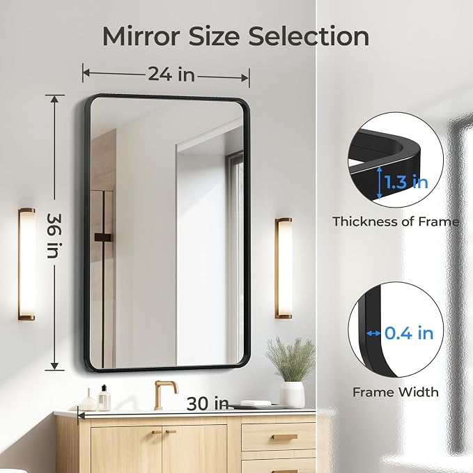 USHOWER Bathroom Mirrors for Over Sink, Metal Frame Rectangle Mirror, Modern Farmhouse Vanity Mirror, Wall Mounted for Bedroom, Living Room, Entryway Remodel & Upgrade, Matte Black, 24 x 36 Inch