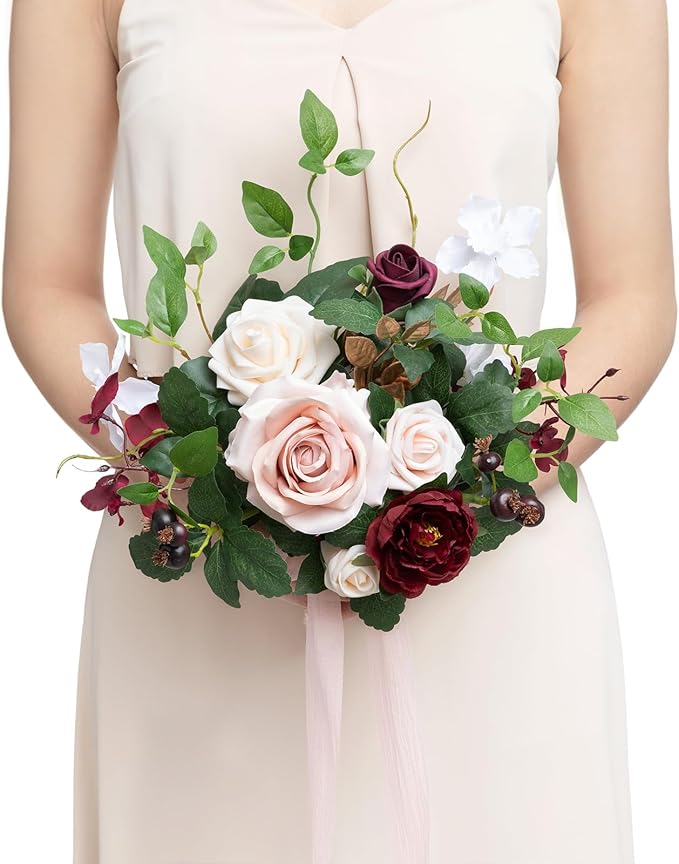 Ling's moment Marsala Red Bridesmaid Bouquet, Red Wedding Bouquets for Bridesmaids, 7 Inch Bridal Bouquets for Bridesmaids, Wedding, Ceremony, Anniversary, etc.
