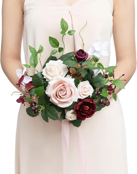 Ling's moment Marsala Red Bridesmaid Bouquet, Red Wedding Bouquets for Bridesmaids, 7 Inch Bridal Bouquets for Bridesmaids, Wedding, Ceremony, Anniversary, etc.