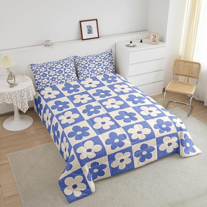 Castle Fairy Kids Cute Flowers Plaid Twin Size Comforter Set,Blue and Cream Floral Checked Duvet Set for Kids Boys Bedroom,Fashion Geometric Style Soft Microfiber Bedding Comforters,2 Pcs