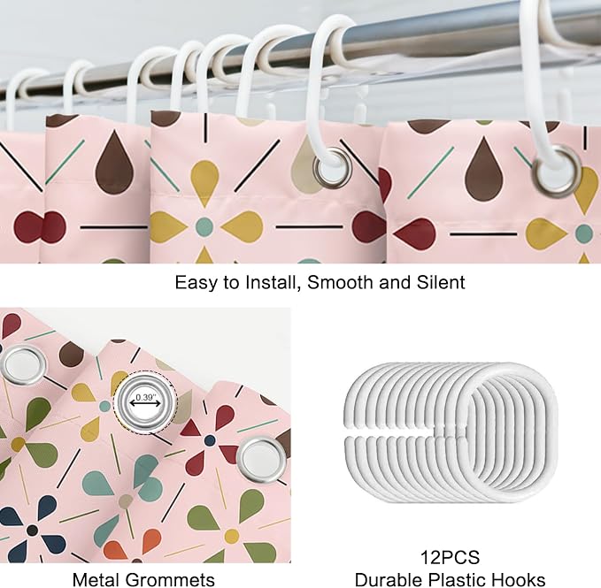 APROPHIC Mid Century Retro Shower Curtain 72x72 Inches, Vintage Geometric Pattern Bathroom Curtain with Hooks, Waterproof Polyester Fabric for Bath Shower, Machine Washable Home Decor for Bath, Pink