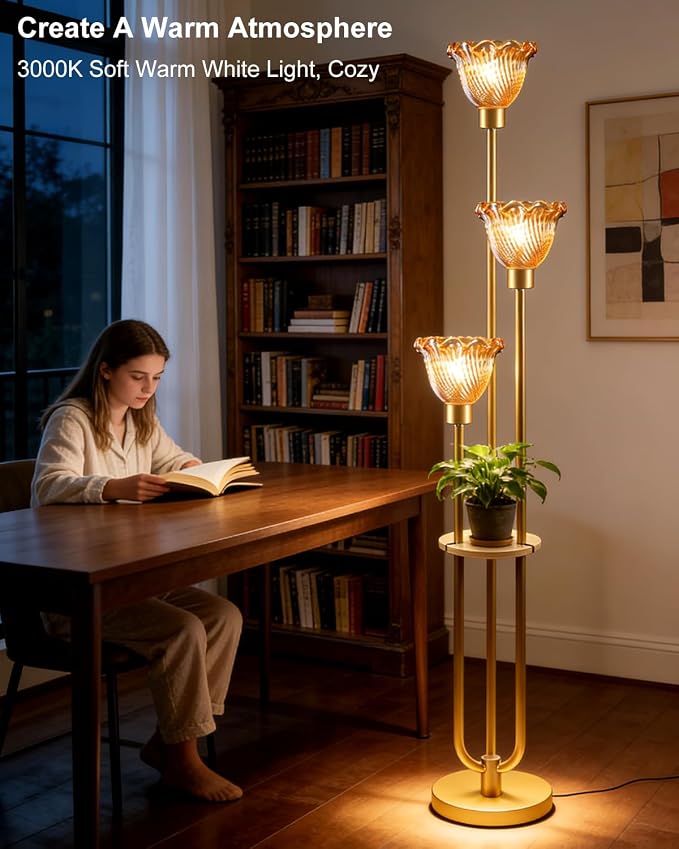 Lightdot Glass Floor Lamp for Living Room Gold with Amber Glass Shade & 3000K Bulbs Included 3-Lights Modern Tall Standing Lamp with 5Lbs Heavy Base for Bedroom/Sofa Beside/Corner Decor/Party
