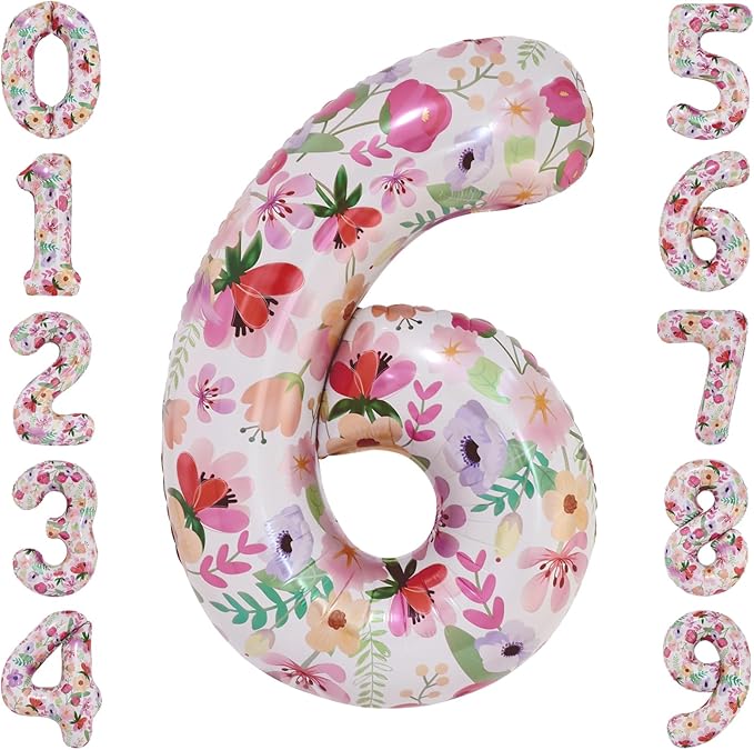 Flower Balloons 40 Inch Floral Number 6 Balloon for 6th Birthday Garden Party Decorations Six Year Old Photo Props Foil Number 6