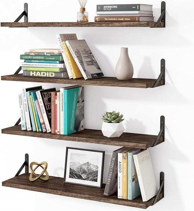 YGEOMER Floating Shelves for Wall, 23in Brown Wall Shelves for Living Room, Bathroom, Bedroom, Kitchen, Home Decor (Set of 4)