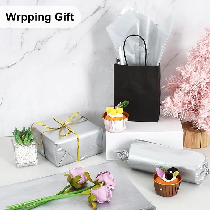 BEISHIDA 100 Sheets Silver Tissue Paper Bulk, Metallic Wrapping Tissue Paper for Gift Bags, 14 x 20 Inch Gift Wrap for Birthday Wedding Graduation DIY Crafts Holiday Flowers