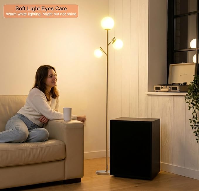 Fiqevs 3 Globe Mid Century Floor Lamp, Vintage Standing Lamp with 3 LED Bulbs & Sphere Frosted Glass Shades, Modern Gold Tree Floor Lamp for Living Room, Bedroom, Office