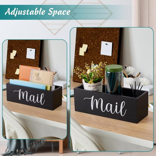 DRASTAR Mail Organizer - Stylish Black Wood Desk Holder with 2 Slots for Home Office Decor