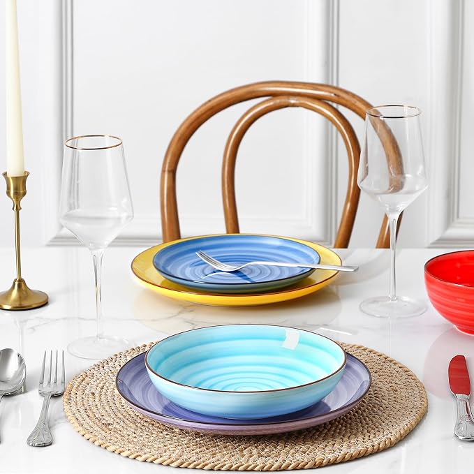 Selamica Ceramic Plates and Bowls Sets,32 Pieces Dinnerware Sets for 8,Scratch Resistant Dish Set for holiday gathering,Dishwasher & Microwave Safe, Dopamine Colors