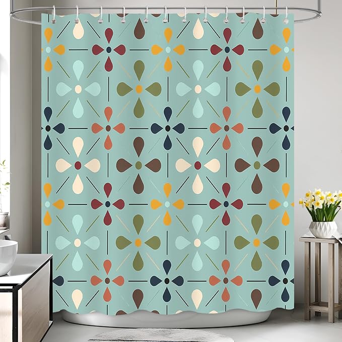 APROPHIC Mid Century Retro Shower Curtain 72x72 Inches, Vintage Geometric Pattern Bathroom Curtain with Hooks, Waterproof Polyester Fabric for Bath Shower, Machine Washable Home Decor for Bath, Green