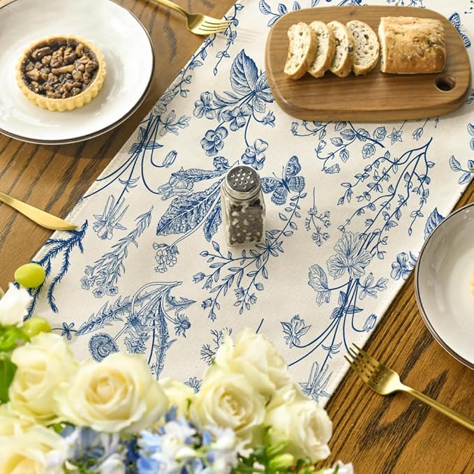 Artoid Mode Blue Wild Flowers Floral Spring Table Runner,Seasonal Summer Kitchen Dining Table Decoration for Home Party Decor 13x72 Inch