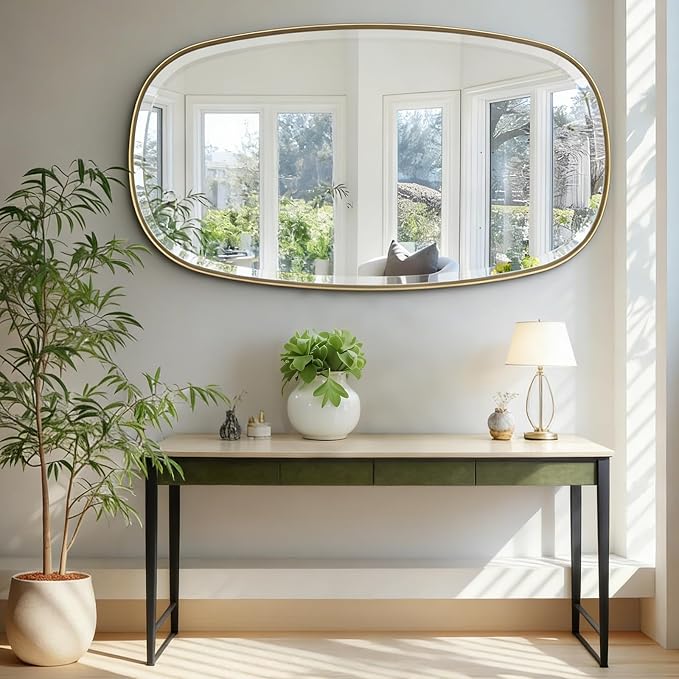 POZINO Gold Beveled Mirror, 28"x48" Modern Rounded Rectangle Mirrors, Large Brass Oval Mirrors, Oblong Vanity Wall Mirror for Bedroom Living Room Entryway Fireplace, Hangs Horizontal Or Vertical