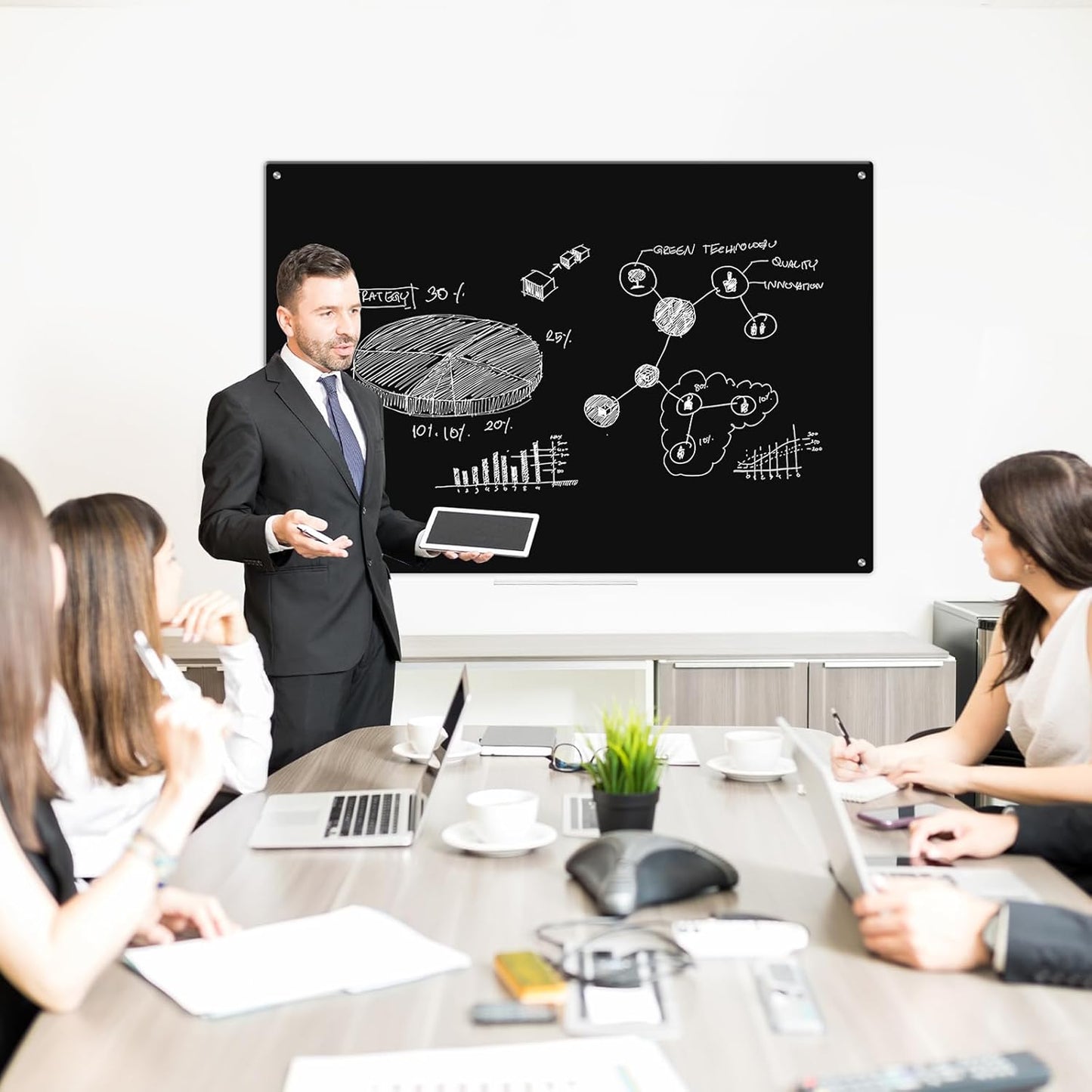 WALGLASS Magnetic Black Dry Erase Board - Frameless 24"x18" Glass Whiteboard with 6 Magnets & Pen Tray