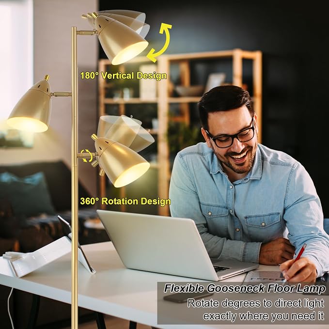 LALISU Tree Floor Lamp for Living Room, Industrial 3-Light Standing Lamp with 3 LED Bulbs, Adjustable Rotation Heads, Standing Tall Pole Lamp Farmhouse Rustic Reading Lamps for Bedroom Office (Gold)