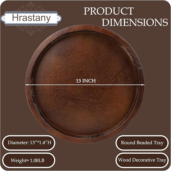 Hrastany Wood Decorative Serving Tray with Bead, Round Vintage Wooden Ottoman Tray for Home Centerpiece, Counter Organizer, 13” Circle Tray for Kitchen, Living Room (Dark Brown)