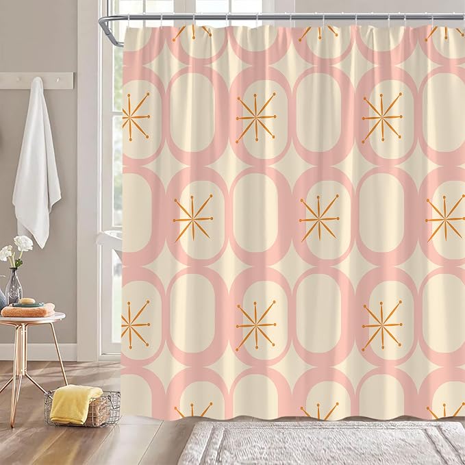 Mid Century Shower Curtain Modern Abstract Atomic Round Squares Retro 50s Geometric Bathroom Decor Polyester Curtains with Hooks