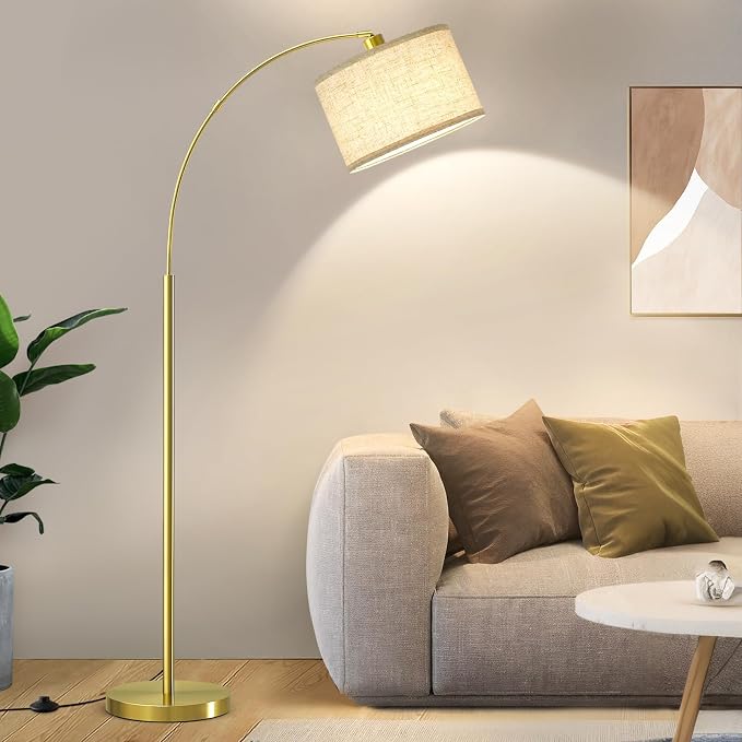 Luvkczc Arc Floor Lamp, 71" Tall Standing Lamp with On/Off Foot Switch, Gold Floor Lamp for Living Room with Adjustable Drum Lampshade, Over Couch Arched Reading Light for Reading, Bedroom, Office