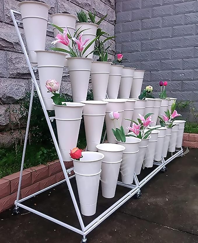 Flower Display Stand, 3 Layers Heavy Duty Moving Plant Cart Shelf With Wheels and Bucket, Wrought Iron Florist Shelf, for Patio Garden, Florist, Outdoor Flower Pop-Up Events (White Iron Frame)