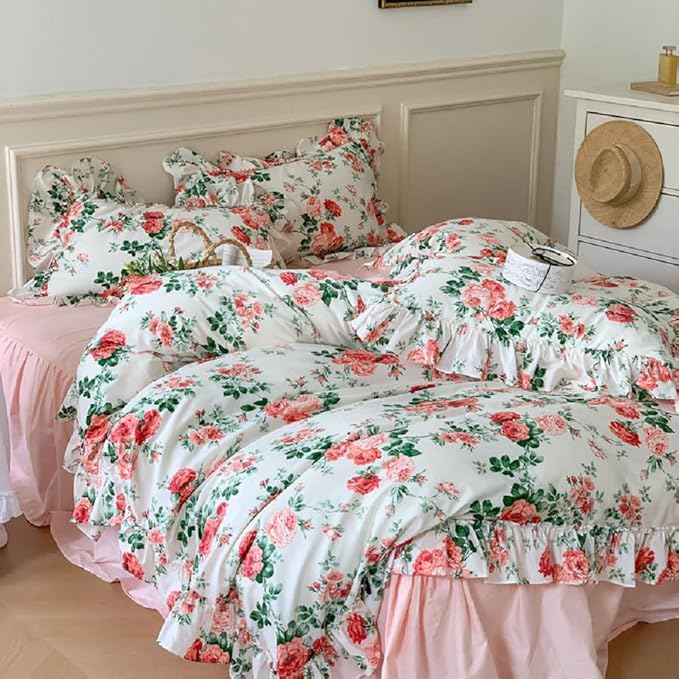 Girls Flower Comforter Set Twin XL Boho Style Pink Floral Comforter with Romantic Ruffle Aesthetic Rose Flower Cottagecore Bedding Set Fluffy Soft Vintage Botanical Comforter Set with 2 Pillowcases