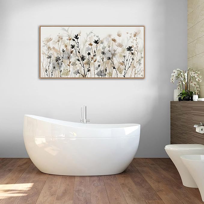 Framed Floral Wall Art Abstract Grey Cream White Grass Flowers Canvas Pictures Modern Landscape Painting Botanical Artwork for Living Room Bedroom Kitchen Office Wall Decor Ready to Hang 20" x 40"