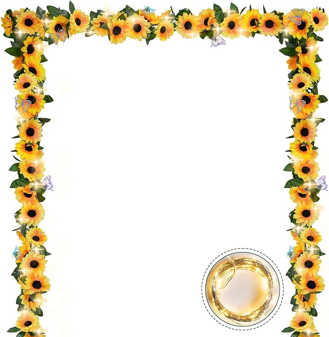 2 Pack Artificial Sunflower Garland with Lights Decor,Fake Hanging Sunflower Vines with Green Leaves,Silk Girasoles Flower Garlands for Birthday Wedding Tables Centerpieces Party Garden Decor
