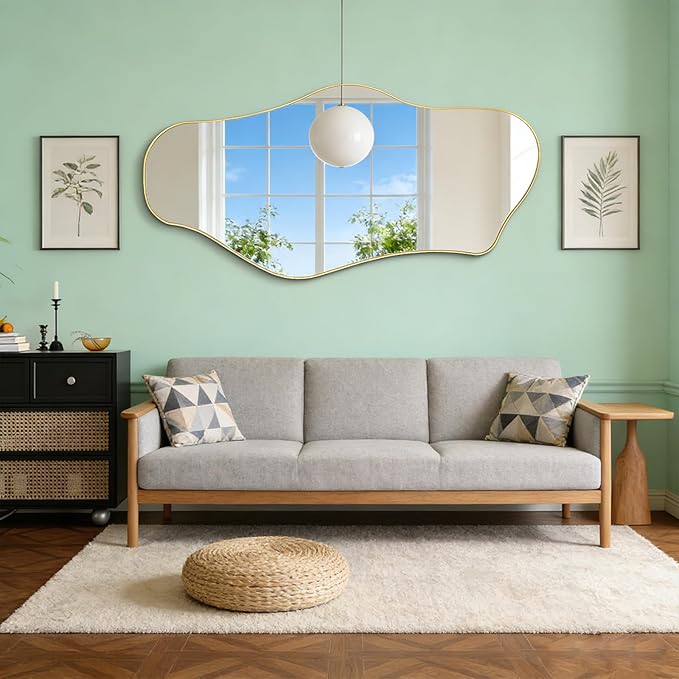 Irregular Mirror Full Length, 63.4"x29" Large Asymmetrical Mirror with Gold Metal Frame, Modern Abstract Wall Mirror for Living Room Bedroom Entryway, Hangs Vertically or Horizontally