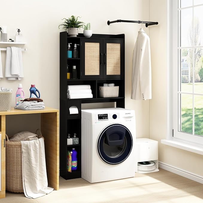 RUSTOWN Rattan Over The Toilet Storage Cabinet, Boho Over Toilet Bathroom Organizer with 2 Doors & Adjustable Shelves, Modern Above Toilet Rack with Toilet Paper Holder for Bathroom, Laundry(Black)